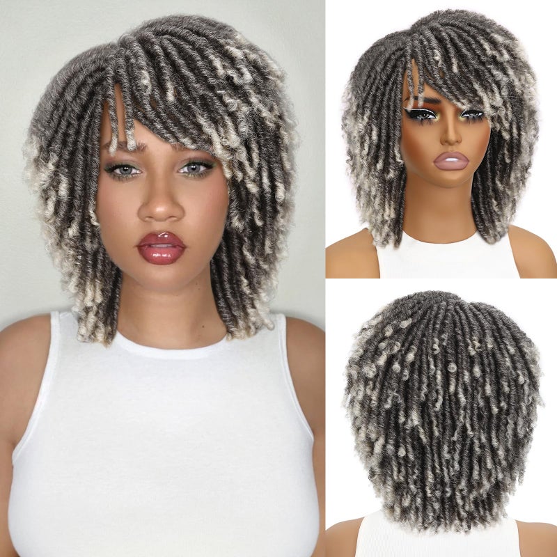 HANNE Dreadlock Wig Short Afro Faux Locs Twist Wigs for Black Women and Men Afro Curly Synthetic Wig Gray